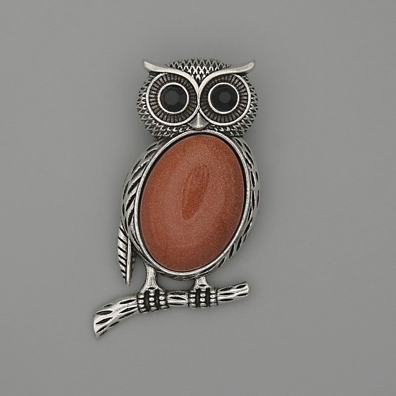 Brooch Pendant Owl Aventurine Golden Sand 45x25mm+/- black rhinestones silver-tone metal