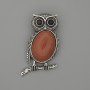 Brooch Pendant Owl Aventurine Golden Sand 45x25mm+/- black rhinestones silver-tone metal