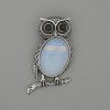 Brooch Pendant Owl Moonstone 45x25mm+/- black rhinestones silver-tone metal