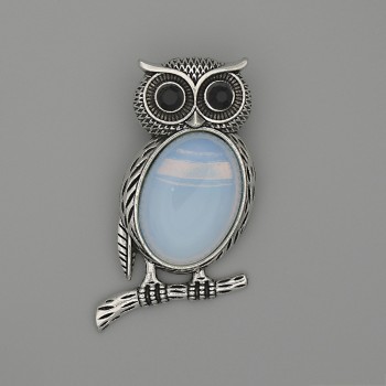 Brooch Pendant Owl Moonstone 45x25mm+/- black rhinestones silver-tone metal