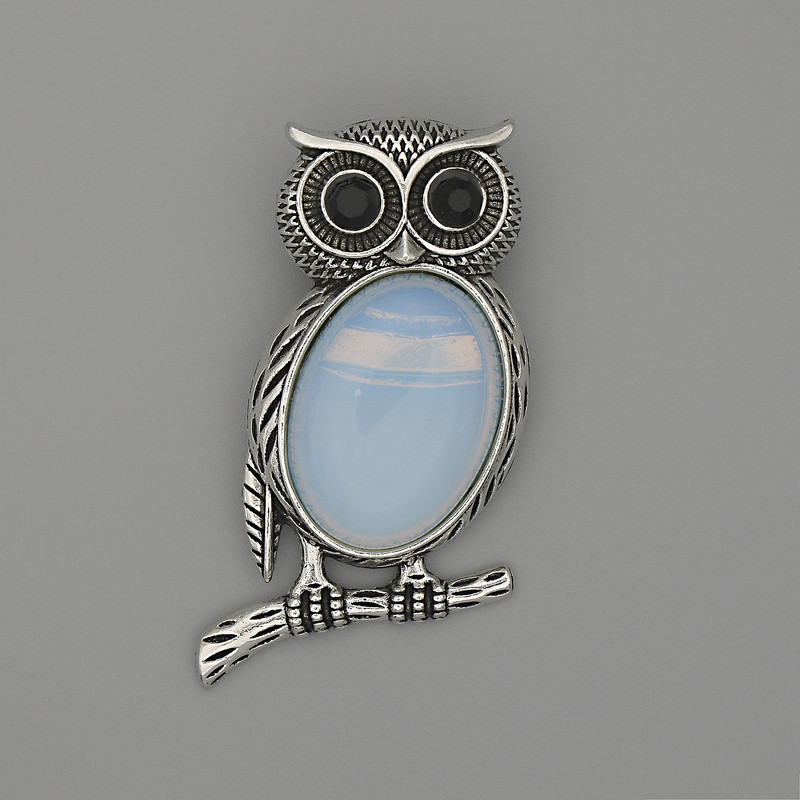 Brooch Pendant Owl Moonstone 45x25mm+/- black rhinestones silver-tone metal