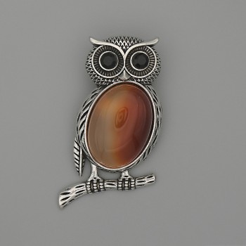 Brooch Pendant Owl Carnelian 45x25mm+/- black rhinestones silver-tone metal