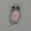 Brooch Pendant Owl Rose Quartz 45x25mm+/- black rhinestones silver-tone metal