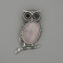 Brooch Pendant Owl Rose Quartz 45x25mm+/- black rhinestones silver-tone metal