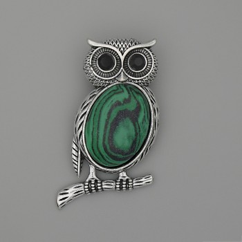 Brooch Pendant Owl, Malachite 45x25mm+-, Black Rhinestones, Silver-Tone Metal