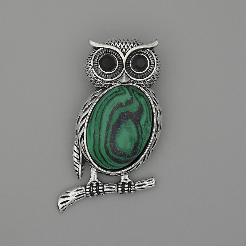 Brooch Pendant Owl, Malachite 45x25mm+-, Black Rhinestones, Silver-Tone Metal