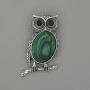 Brooch Pendant Owl, Malachite 45x25mm+-, Black Rhinestones, Silver-Tone Metal