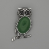 Brooch Pendant Owl Chrysoprase 45x25mm+/- black rhinestones silver-tone metal