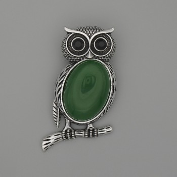 Brooch Pendant Owl Chrysoprase 45x25mm+/- black rhinestones silver-tone metal
