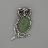 Owl Brooch Pendant Jade 45x25mm+/- black rhinestones silver-toned metal