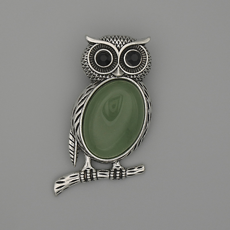 Owl Brooch Pendant Jade 45x25mm+/- black rhinestones silver-toned metal