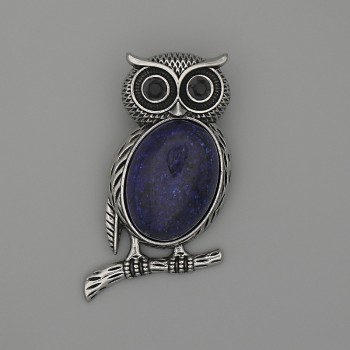 Owl Brooch Pendant Lapis Lazuli 45x25mm+/- black rhinestones silver-toned metal