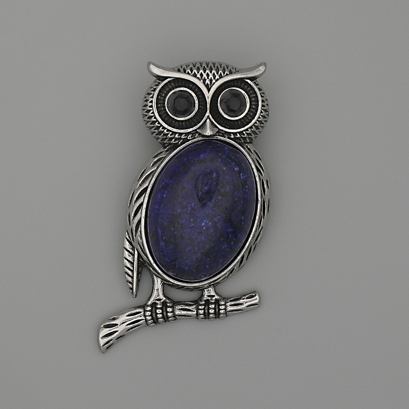 Owl Brooch Pendant Lapis Lazuli 45x25mm+/- black rhinestones silver-toned metal