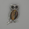 Brooch Pendant Owl Tiger's Eye 45x25mm+/- Black Rhinestones Silver-Tone Metal