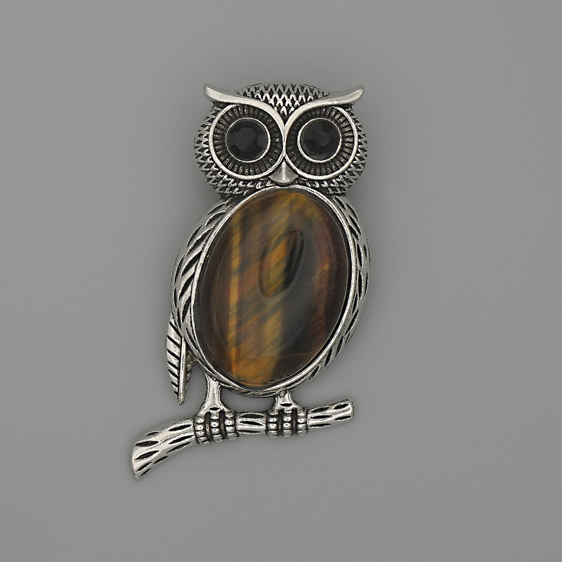 Brooch Pendant Owl Tiger's Eye 45x25mm+/- Black Rhinestones Silver-Tone Metal