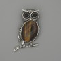 Brooch Pendant Owl Tiger's Eye 45x25mm+/- Black Rhinestones Silver-Tone Metal