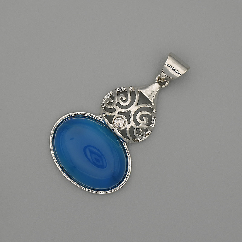 Agate Cabochon Pendant 50x28mm+/- Silver-Tone Metal