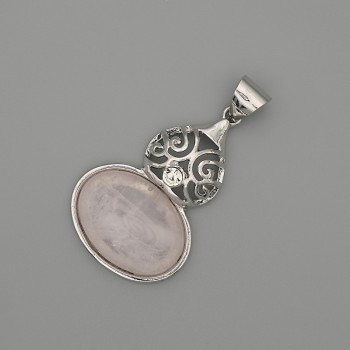 Cabochon Pendant, Rose Quartz 50x28mm+-, Silver-Tone Metal