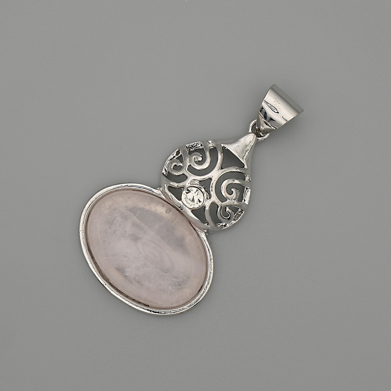 Cabochon Pendant, Rose Quartz 50x28mm+-, Silver-Tone Metal