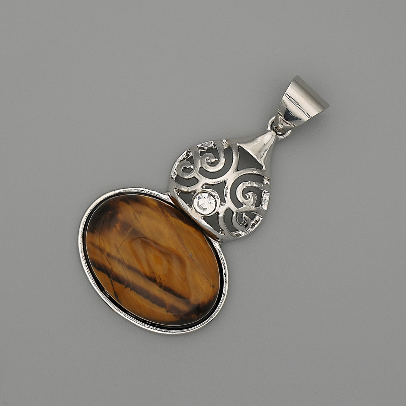 Tiger's Eye Cabochon Pendant 50x28mm+/- Silver-Tone Metal
