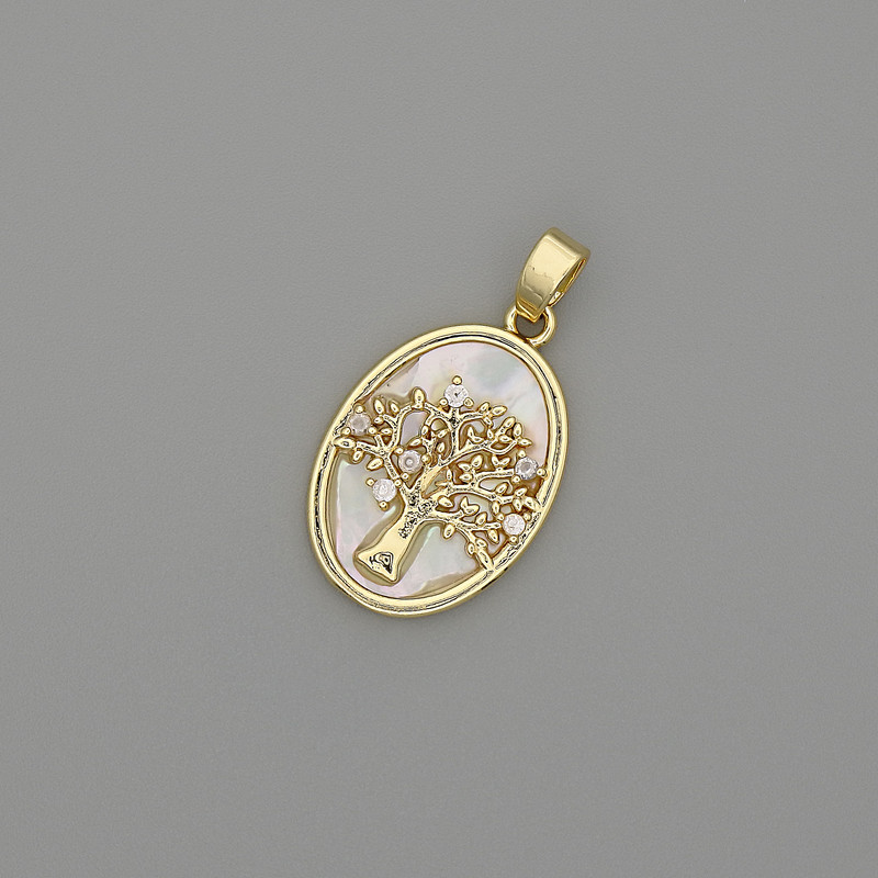Mother-of-Pearl Tree Pendant 18x13mm+/-, Length 25mm+/- Gold-Tone Metal