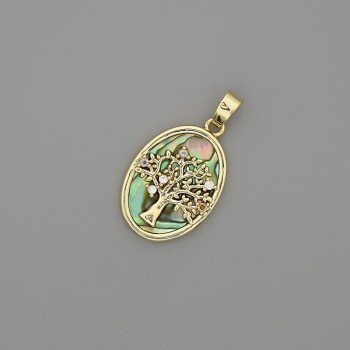 Abalone Tree Pendant 18x13mm+/-, Length 25mm+/- Gold-Tone Metal