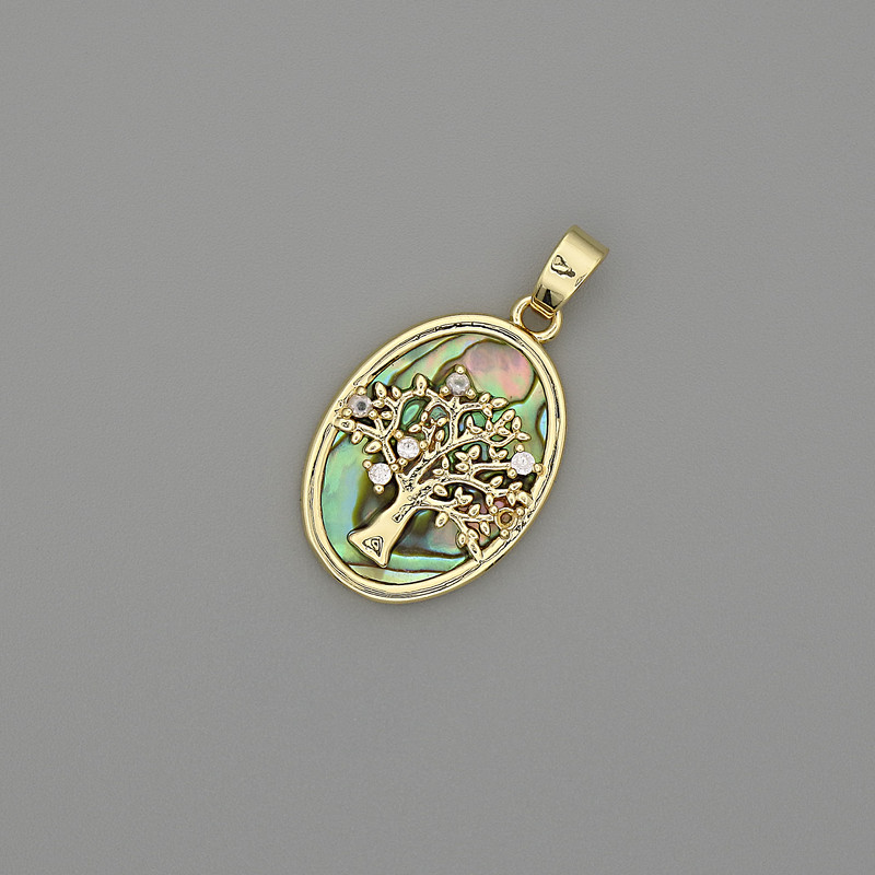 Abalone Tree Pendant 18x13mm+/-, Length 25mm+/- Gold-Tone Metal