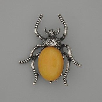 Brooch Pendant Beetle, Imitation Amber 44x37mm+-, Silver-Tone Metal
