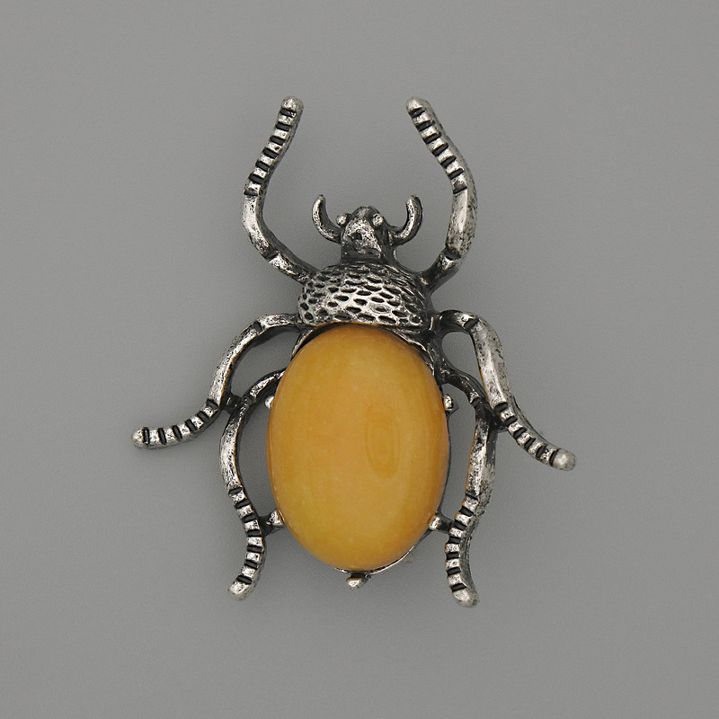 Brooch Pendant Beetle, Imitation Amber 44x37mm+-, Silver-Tone Metal