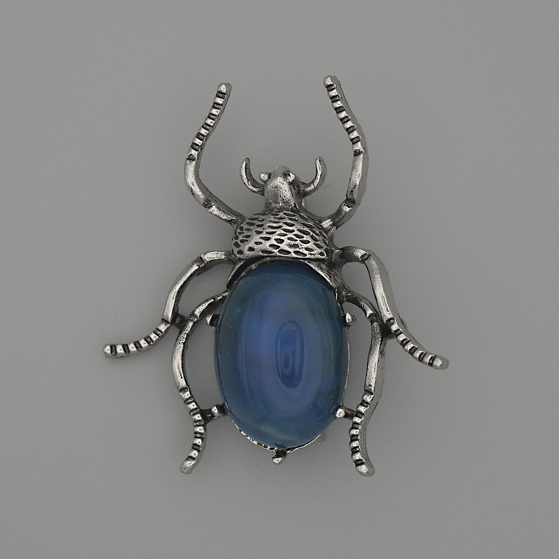 Beetle Brooch-Pendant, Agate 44x37mm+/- Silver-Tone Metal