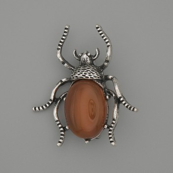 Beetle Brooch-Pendant, Carnelian 44x37mm+/- Silver-Tone Metal