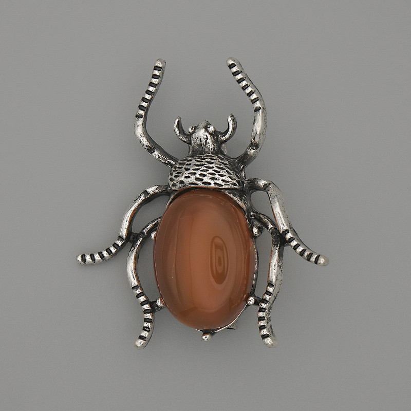Beetle Brooch-Pendant, Carnelian 44x37mm+/- Silver-Tone Metal