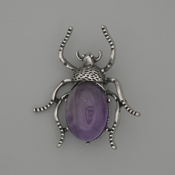 Beetle Brooch-Pendant, Amethyst 44x37mm+/- Silver-Tone Metal