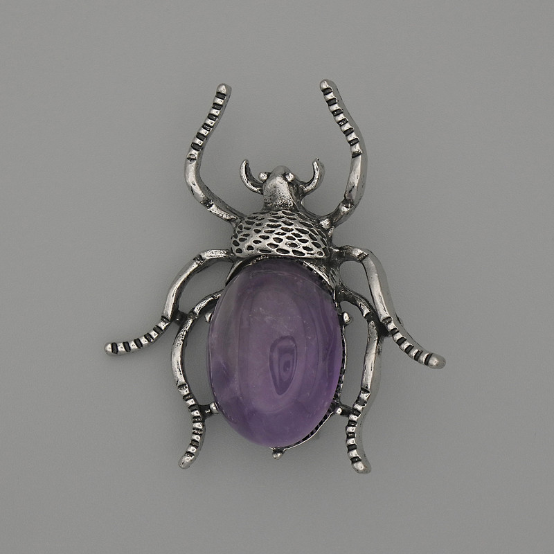 Beetle Brooch-Pendant, Amethyst 44x37mm+/- Silver-Tone Metal