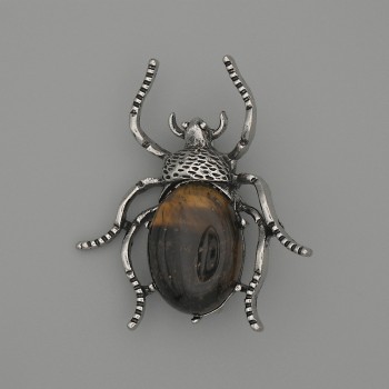 Brooch Pendant Beetle Tiger's Eye 44x37mm+- silver-tone metal