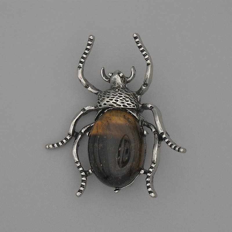 Brooch Pendant Beetle Tiger's Eye 44x37mm+- silver-tone metal