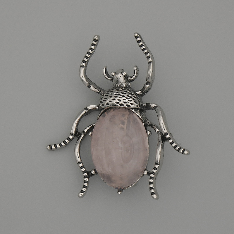 Beetle Brooch-Pendant, Rose Quartz 44x37mm+/- Silver-Tone Metal