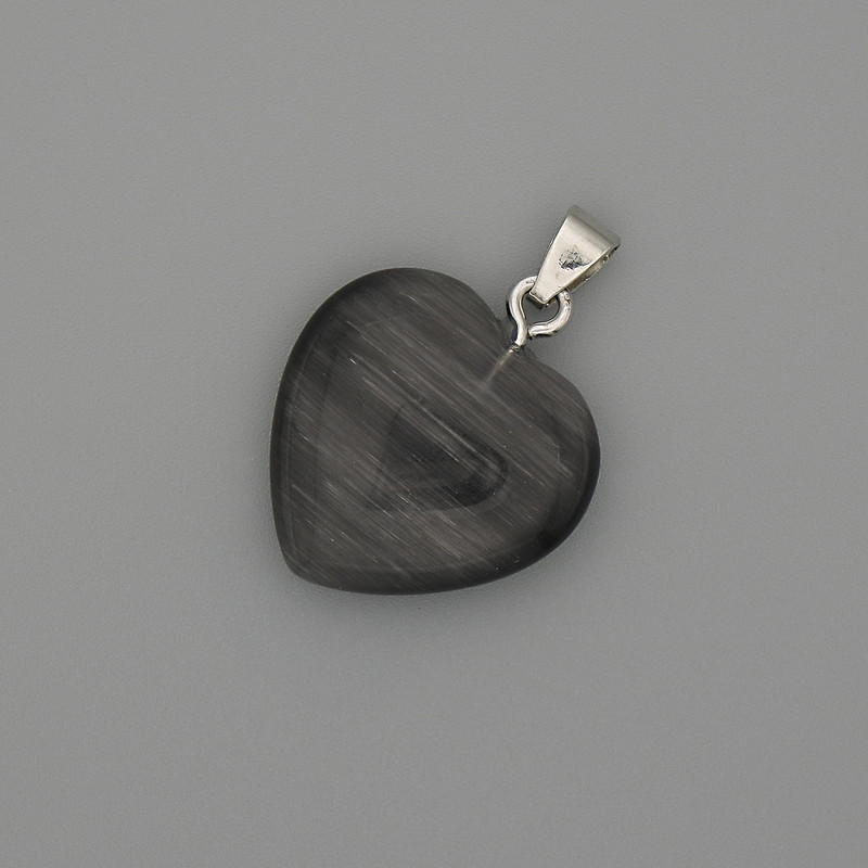 Pendant Heart Dark Grey Cat's Eye Silver-Tone Metal, diameter 20x20mm+/-, length 30mm+