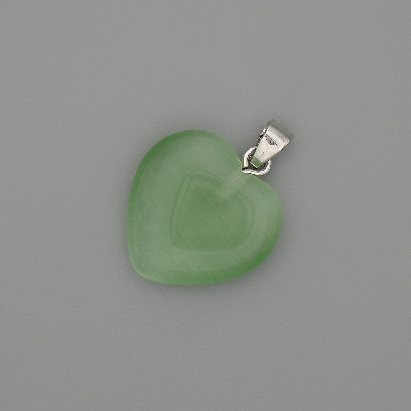 Pendant Heart Light Green Cat's Eye Silver-Tone Metal, diameter 20x20mm+/-, length 30mm+