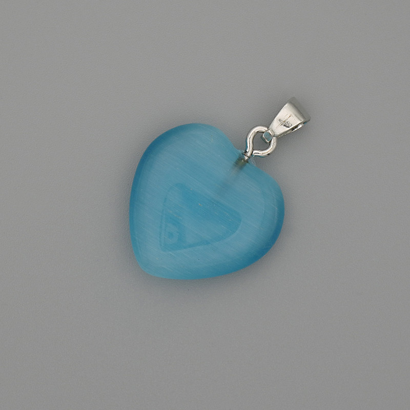 Heart Pendant blue Cat’s Eye with Silver Metal Rim, 20x20mm approx., 30mm chain length
