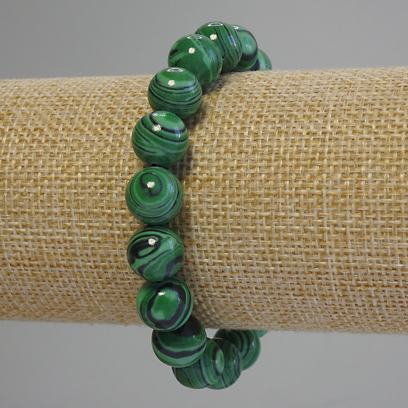 Malachite Bracelet, smooth round beads, diameter 10mm+/-, length 18cm+/- (stretch)