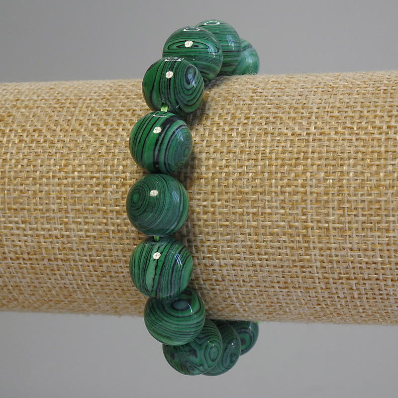 Malachite Bracelet, Smooth Polished Beads, Diameter 12mm+-, Length 18cm+- (Stretch)