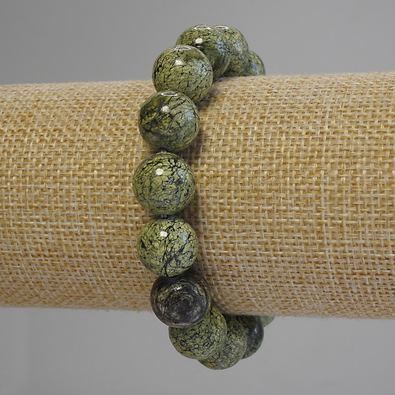 Serpentine Bracelet, Pressed Smooth Round Beads, Diameter 12mm+-, Length 18cm+- (Stretch)