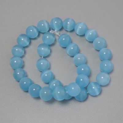 Cat's Eye Beads, sky blue synthetic stone, smooth round, diameter 11.5mm +/-, on fishing line, length 37cm+
