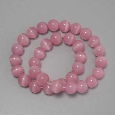 Cat's Eye Beads, pink synthetic stone, smooth round, diameter 12mm +/-, on fishing line, length 37cm+