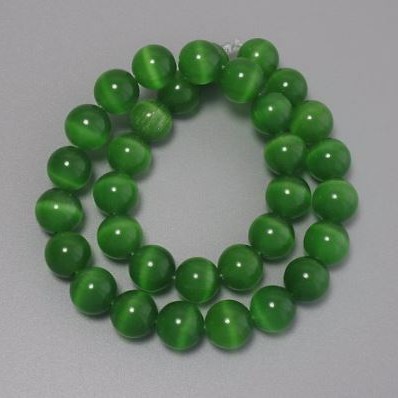 Cat's Eye Beads, Green, Synthetic Stone, Smooth Round, Diameter 12mm+/-, on Fishing Line, Length 38cm+