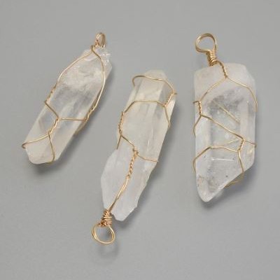 Rock Crystal Pendant, Wire-wrapped, Assorted Sizes 17-20x54-63mm+/-, Gold-toned Metal