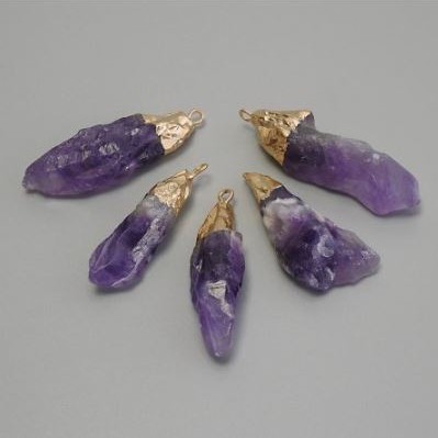 Raw Amethyst Pendant, Assorted Sizes 11-19x37-45mm+/-, Gold-toned Metal