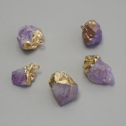 Raw Amethyst Pendant, Assorted Sizes 10-14x15-22mm+/-, Gold-toned Metal