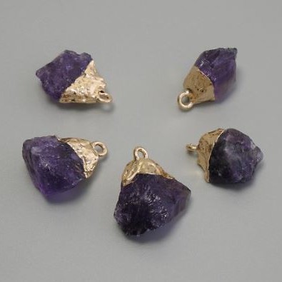 Raw Amethyst Pendant, Assorted Sizes 15-20x10-15mm+/-, Gold-toned Metal
